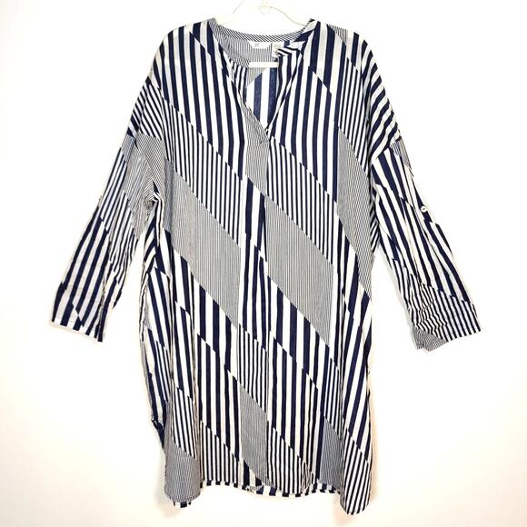 Kaktus Dresses & Skirts - Sheer Cotton Shirtdress Cover Up Tunic Navy White Stripe Coastal Beach Pool L